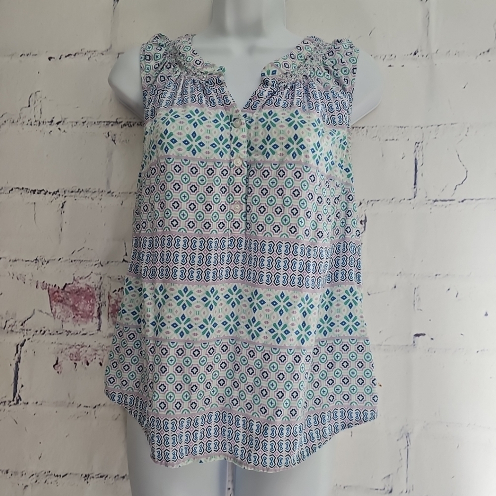 Talbots Sleeveless 1/2 Button Blouse Small Smocked Neck Multicolor Fair Isle